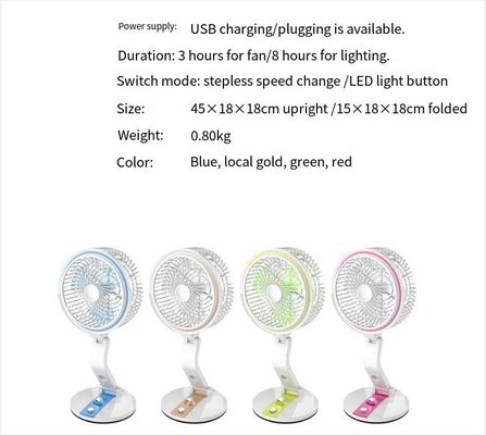 Red Rechargeable Table Personal Space USB Mini Portable Fan with LED Light for Home Office